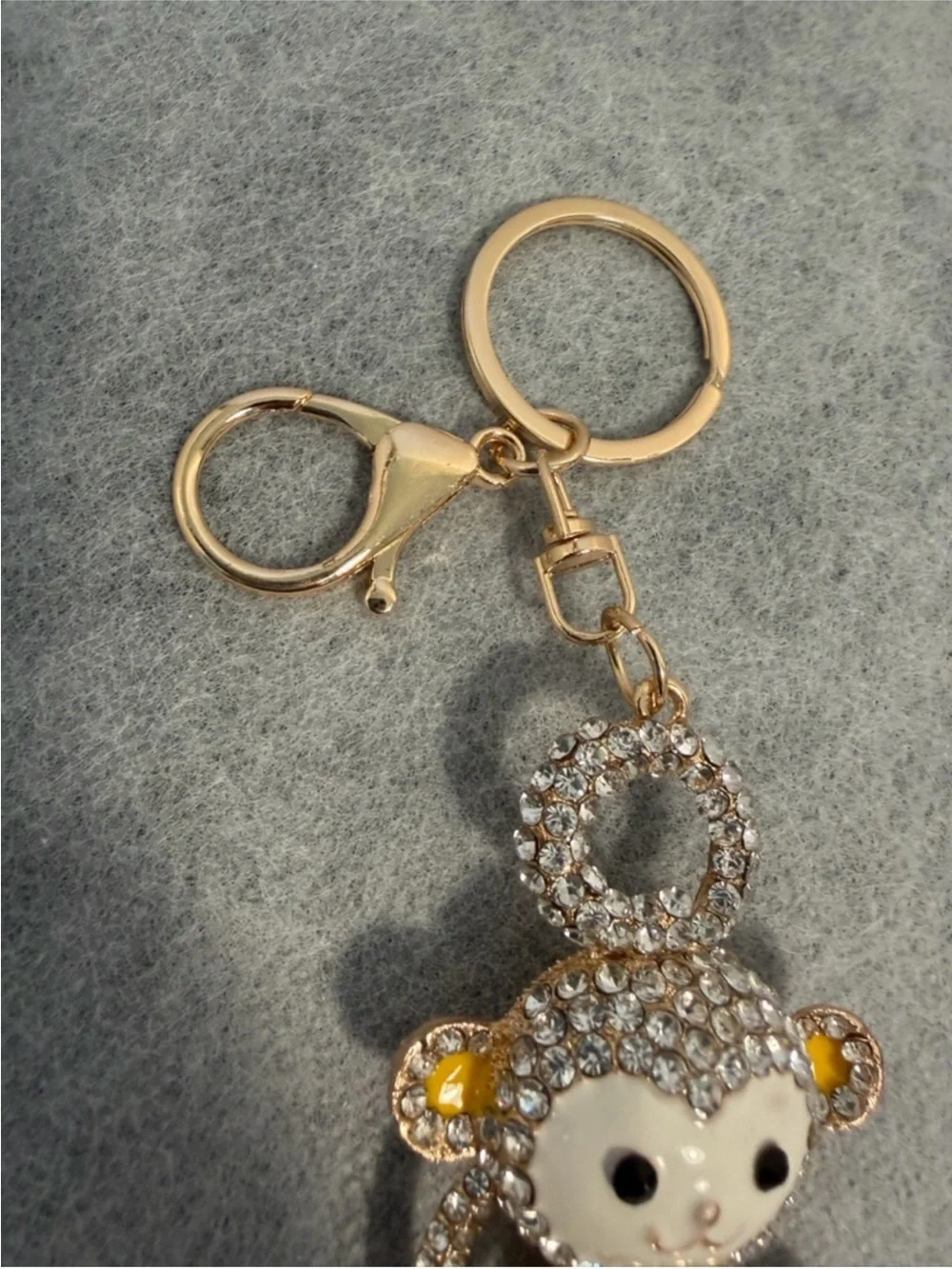 Rhinestone Monkey Keychain Charm - Gold Tone with White, Pink & Yellow Enamel